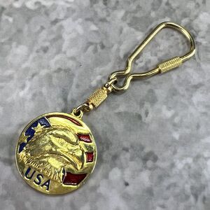 Vintage USA Eagle Keychain American Flag Patriotic Enamel Gold Tone Keyring 1.25